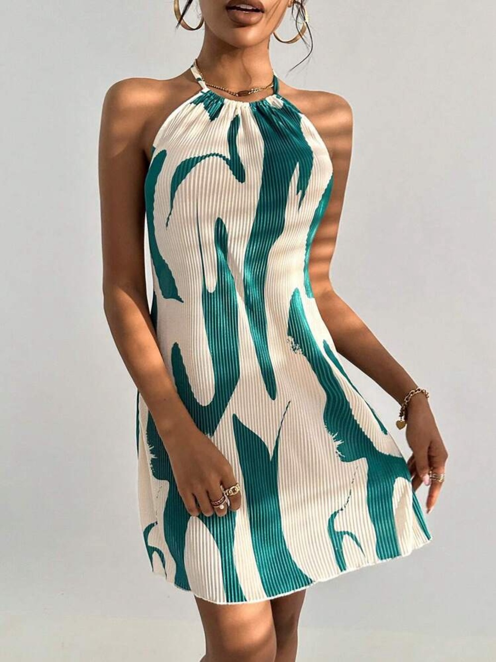 NWT Teal Ivory Abstract Pleated Halter Dress XS Boho Resort Summer